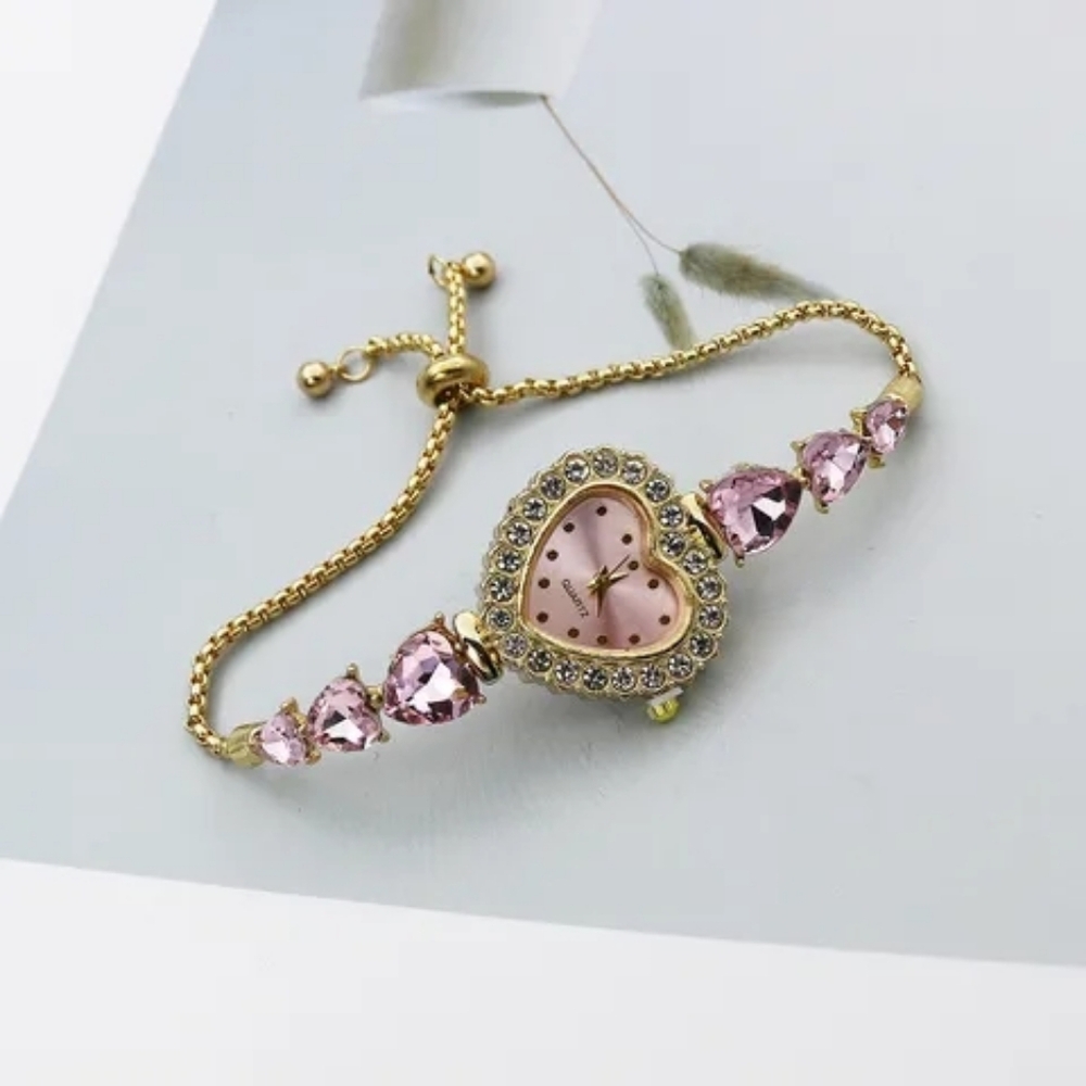 Vintage Heart-Shaped Pink and Gold Bracelet